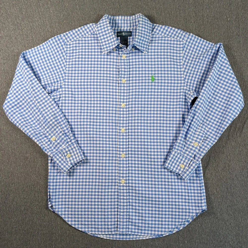 Ralph Lauren Shirt Boys Large 14-16 Blue Check Button Up Long Sleeve‎ Green Pony